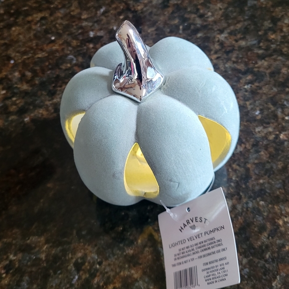 Harvest Lighted Velvet Pumpkin  Light Blue with Silver Shiny Stem  NEW - Picture 6 of 9
